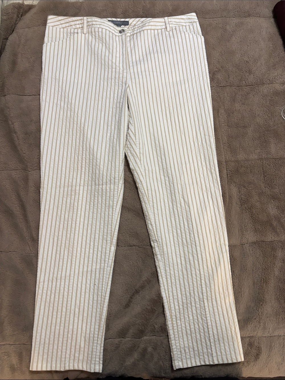 Elliott Lauren Cream Pants with Tan Pinstripes - Straight Leg